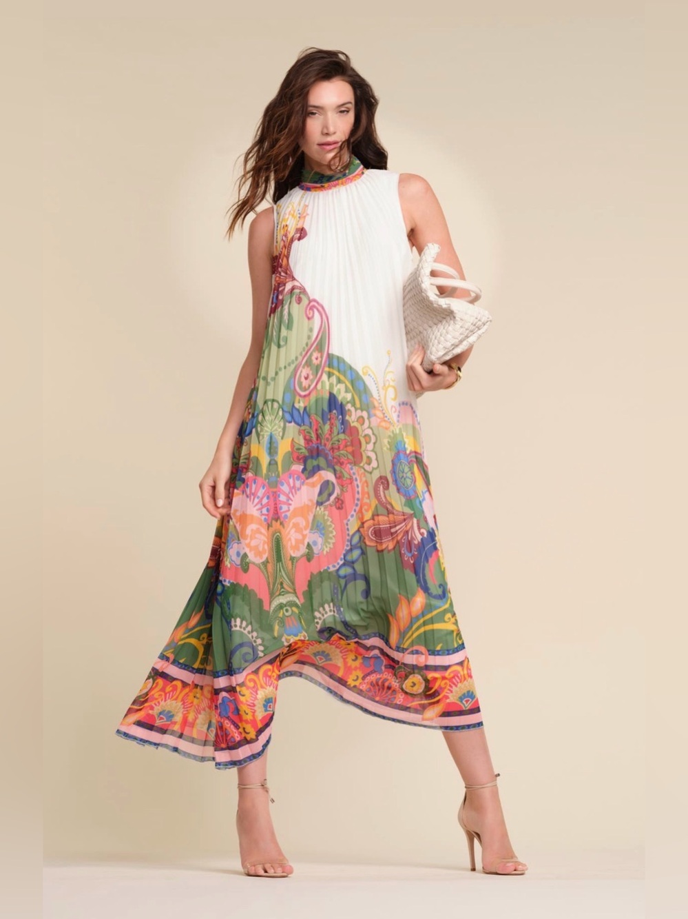 NWOT Elie Tahari Sleeveless White Multicolor Pleated Maxi Dress - Large